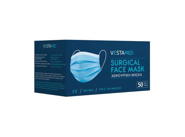 Vestamed Μάσκες Προστασίας Χειρουργικές 3 Φύλλων Type Ⅱ EN14683:2019 Γαλάζιο 50τμχ