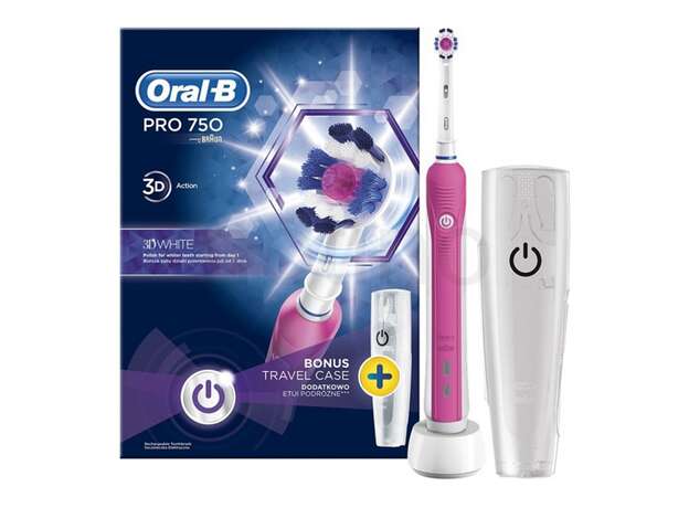 Oral-B Pro 750 3D White, Ηλεκτρική Οδοντόβουρτσα & Δώρο Θήκη Ταξιδιού, Ροζ Χρώμα 1tem