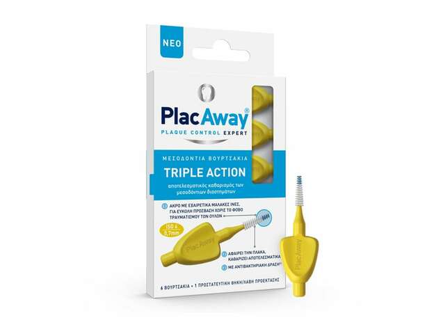 Plac Away Triple Action Μεσοδόντια Βουρτσάκια 0.7mm ISO 4, Κίτρινα, 6τεμ