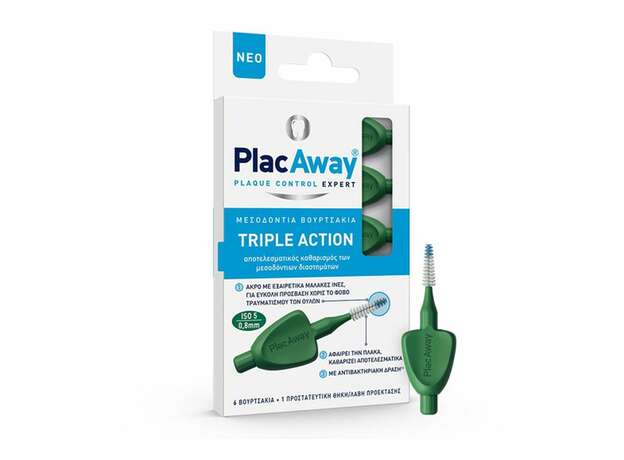 Plac Away Triple Action Μεσοδόντια Βουρτσάκια 0.8mm ISO 5, Πράσινο, 6τεμ