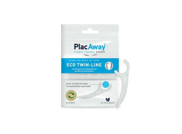 Plac Away Eco Twin-Line Διπλό Λευκαντικό Οδοντικό Νήμα με Λαβή, 30τεμ