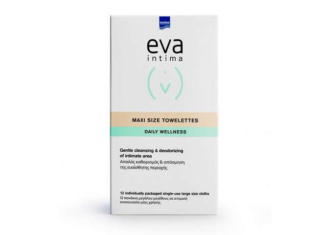 Intermed Eva Intima Maxi Size Towelettes Μαντηλάκια Καθαρισμού Ευαίσθητης Περιοχής με Αντιμικροβιακή, Αποσμητική & Αντικνησμική Δράση, 12 ατομικά φακελάκια