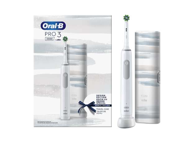 Oral-B Pro 3 3500 White Design Edition Επαναφορτιζόμενη Ηλεκτρική Οδοντόβουρτσα Λευκή με Θήκη Ταξιδίου, 1τεμ