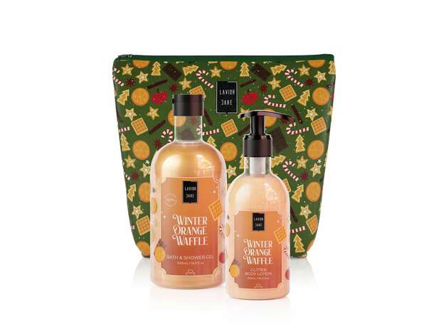 Lavish Care Winter Orange Waffle Christmas Bag Set Bath /Shower Gel 500ml & Glitter Body Lotion 300ml