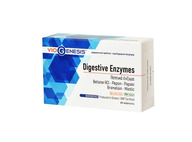 VioGenesis Digestive Enzymes Φόρμουλα πεπτικών ενζύμων με Βεταΐνη, Πεψίνη, Παπαΐνη, Βρομελίνη και Μαστίχα 60 caps