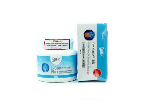 Smile L-Glutamine Plus Διατροφικό Συμπλήρωμα με L-Γλουταμίνη & Βιταμίνη Β1 250 g + Δώρο Smile Probiotic 10B 3 x 10 κάψουλες