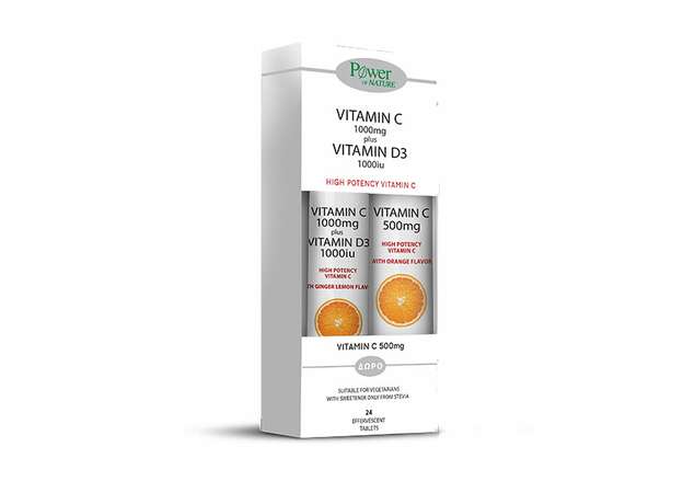 Power Health Vitamin C 1000mg & D3 1000iu Stevia 24 αναβράζοντα δισκία Τζίντζερ Λεμόνι & Vitamin C 500mg 1000iu 20 αναβράζοντα δισκία