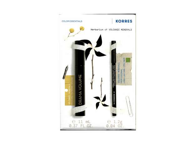 Korres Promo Drama Volume No1 Black Mascara Extreme Volume για Μέγιστο Όγκο Μαύρο, 11ml & Volcanic Minerals Long Lasting Eyeliner No1 Μαύρο Μολύβι 1,2g, 1σετ