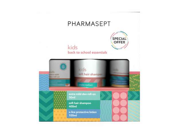 Pharmasept Back to School Pack με Kid Soft Hair Shampoo Παιδικό Σαμπουάν, 400ml, X-Lice Protective Lotion Αντιφθειρική Λοσιόν, 100ml & Kids Extra Mild Deo Roll-On Αποσμητικό για Παιδιά, 50ml, 1σετ