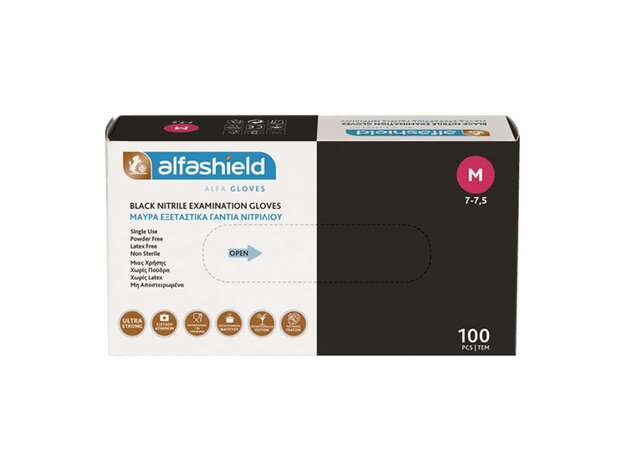 AlfaShield Black Nitrile Examination Gloves 100 Τεμάχια - Medium