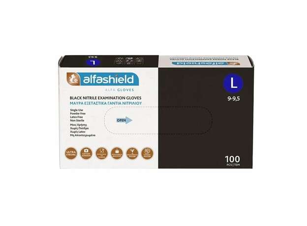 AlfaShield Black Nitrile Examination Gloves 100 Τεμάχια - Large