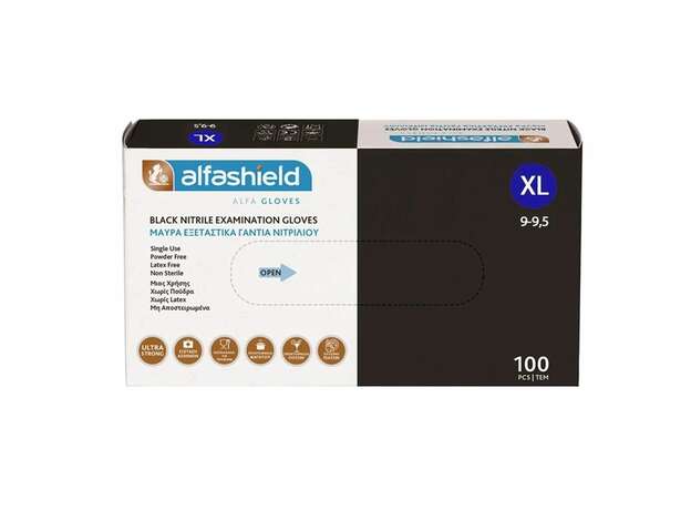 AlfaShield Black Nitrile Examination Gloves 100 Τεμάχια - Extra Large