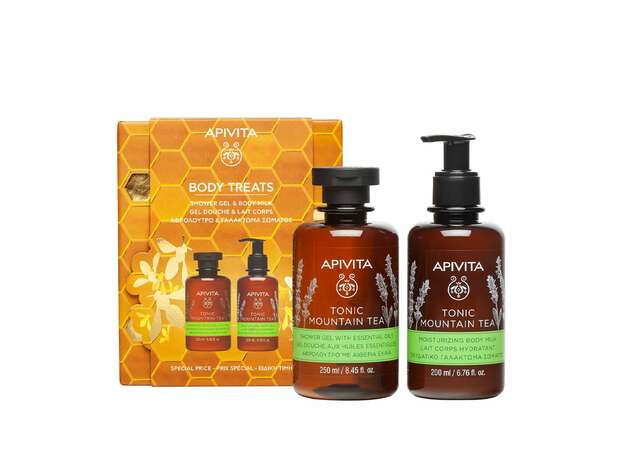 Apivita Body Treats Promo με Tonic Mountain Tea Αφρόλουτρο με Αιθέρια Έλαια, 250ml & Tonic Mountain Γαλάκτωμα Σώματος, 200ml, 1σετ