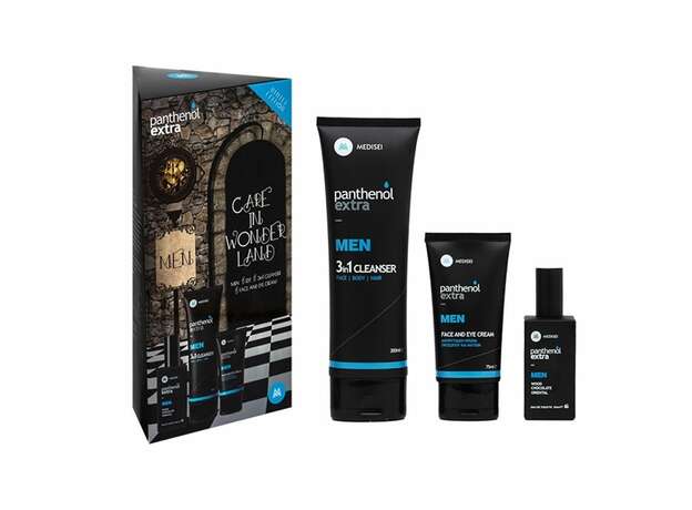 Medisei Panthenol Extra PROMO PACK Men Eau De Toilette 50ml, 3in1 Cleanser 200ml & Face & Eye Cream 75ml.