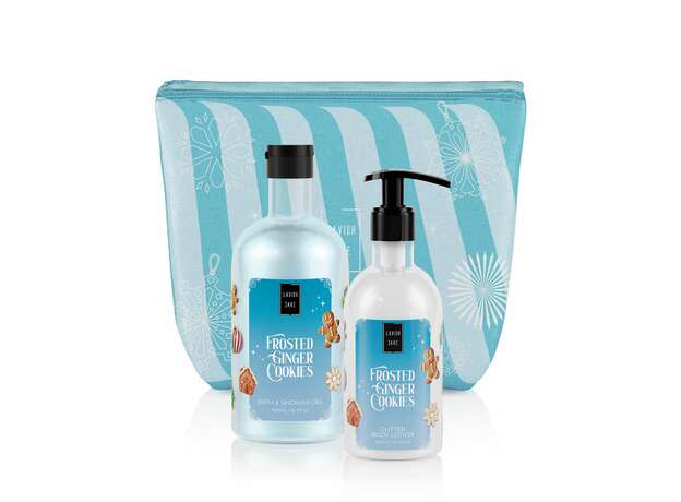 Lavish Care Frosted Ginger Cookies Christmas Bag Set  Bath /Shower Gel 500ml & Glitter Body Lotion 300ml