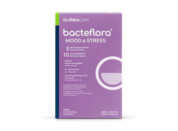 Olonea Bacteflora Mood & Stress για τη Διάθεση και τη Διαχείριση του Stress με Ψυχοβιοτικά, Εκχύλισμα Σαφράν Affron® και Σύμπλεγμα Βιταμινών Β, 30κάψουλες