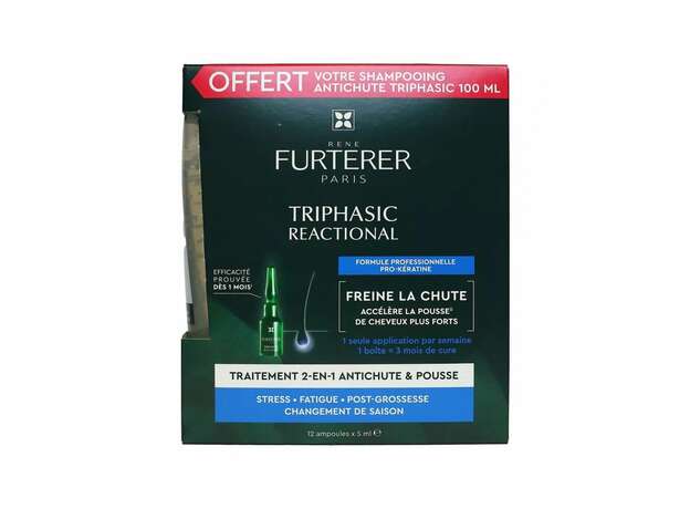 René Furterer Triphasic Reactional Sudden Hair Loss Treatment 12 Ampoules + Anti-Hair Loss Shampoo Free 100 ml