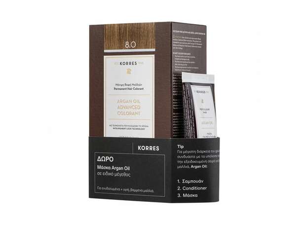 Korres Promo Argan Oil Advanced Colorant 8.0 Ξανθό Ανοιχτό Μόνιμη Βαφή Μαλλιών, 50ml & Δώρο Μάσκα Μαλλιών για Μετά τη Βαφή Argan Oil, 40ml, 1σετ