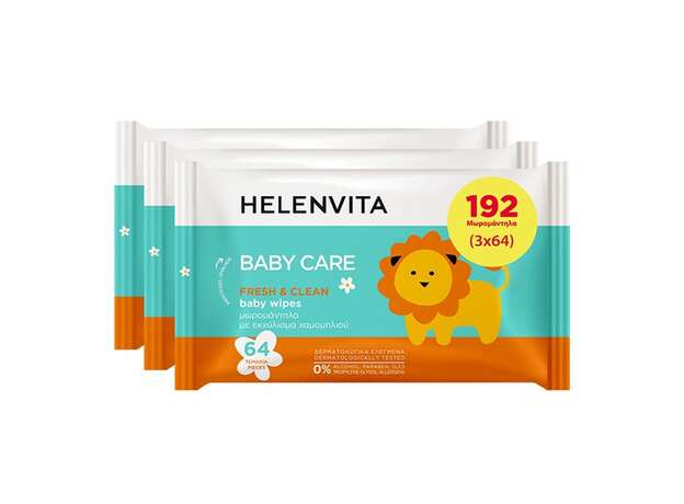 Helenvita Baby Wipes Πακέτο Προσφοράς Mωρομάντηλα με Εκχύλισμα Χαμομηλιού 2+1 Δώρο, 3x64τεμ