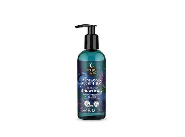 Organic Shop Dreamy Night Χαλαρωτικό Λάδι Ντους Mind & Skin Meditation με Λεβάντα, Blueberry & Μελατονίνη για Βαθιά Θρέψη, 260ml