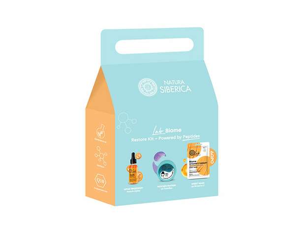 Natura Siberica Lab Biome Restore Kit Ρουτίνα Αναδόμησης με ορό προσώπου με συνένζυμο Q10, eye patches με Πεπτίδια & Δώρο Sheet Mask με Βιταμίνη C