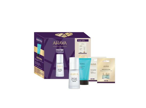 AHAVA Even Tone Program, Dark Spot Correcting Serum 30ml & Renewing Peel - 8ml & Brightening Mud Mask 6ml & Sea-Kissed Mineral Body Lotion 40ml