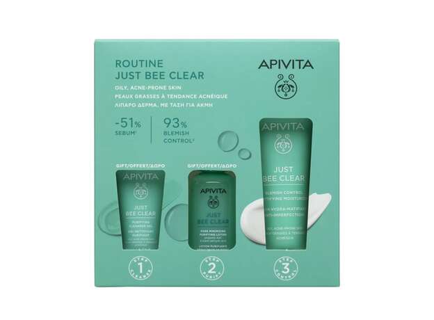 Apivita Set Just Bee Clear Cream - Κρέμα Προσώπου Κατά Των Ατελειών Για Ενυδάτωση & Ματ Αποτέλεσμα 40ml + Δώρο Gel καθαρισμού 15ml & Λοσιόν Σύσφιξης Πόρων 50ml