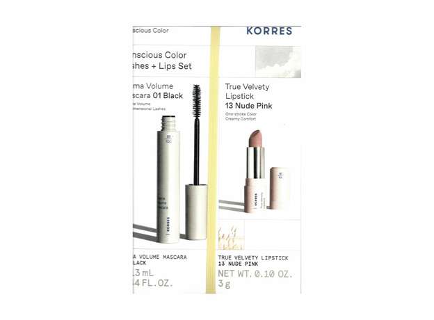 Korres PROMO Consicious Colour Lashes & Lips Set Drama Volume Mascara 01 Black για Μεγάλες & Πυκνές Βλεφαρίδες 13ml & True Velvety Lipstick 13 Nude Pink Κραγιόν με Κρεμώδη Υφή 3g
