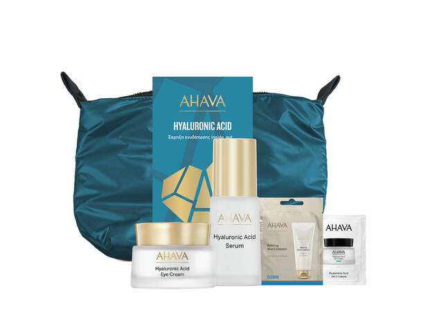 AHAVA HYALURONIC ACID Serum 30ml, Single Use Refining Mud Exfoliator 8ml, Eye Cream 15ml, Sample 24/7 Cream 2ml
