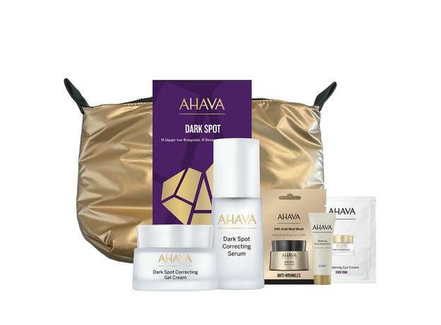 AHAVA DARK SPOT Dark Spot Correcting Gel Cream 50ml, Dark Spot Correcting Serum 30ml Refining Mud Exfoliator Tube 15ml, Single Use 24K Gold Mud Mask 6ml, Sample Brightening Eye Cream 2ml