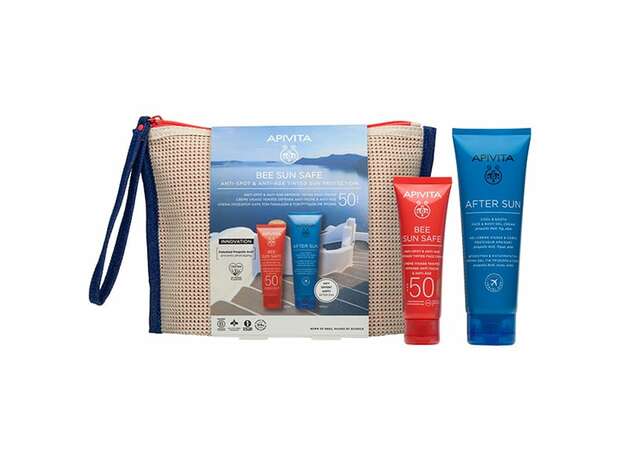 Apivita Promo Bee Sun Safe Anti-Spot & Anti-Age Sun Protection Κρέμα Προσώπου Κατά των Πανάδων & των Ρυτίδων SPF50 με Χρώμα, 50ml & Δώρο After Sun Δροσιστική & Καταπραϋντική Κρέμα-Gel για Πρόσωπο & Σώμα, 100ml, & Δώρο Νεσεσέρ, 1σετ