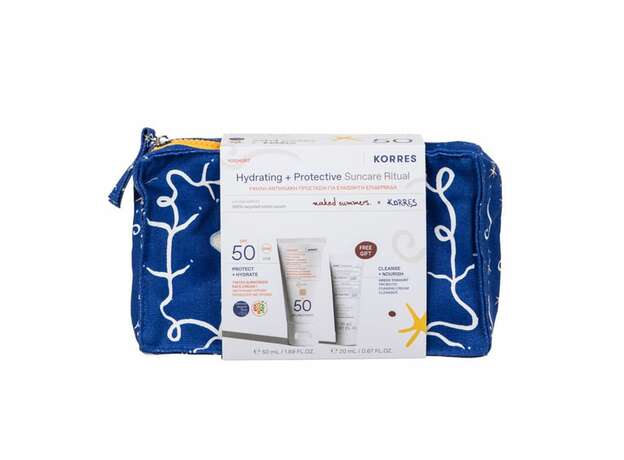 Korres Promo Hydrating & Protective Suncare Ritual Yoghurt Tinted Αντηλιακή Κρέμα Προσώπου με Χρώμα SPF50, 50ml, Αφρώδης Κρέμα Καθαρισμού με Προβιοτικά, 20ml & Δώρο Naked Summers x Korres Νεσεσέρ, 1τεμ